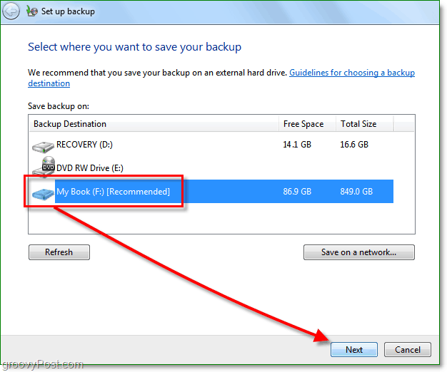 Windows 7 Backup - valitse varmuuskopiopaikka
