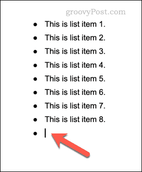 Esimerkki luettelomerkitystä luettelosta Google-dokumenteissa