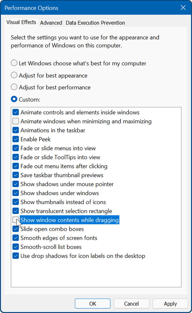 poista kaksi tehostetta käytöstä Windows 11 -tehosteita