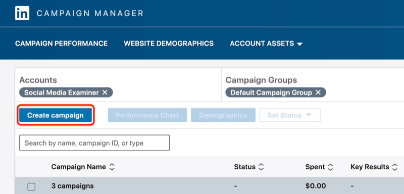 Luo kampanja -painike LinkedIn Campaign Managerissa