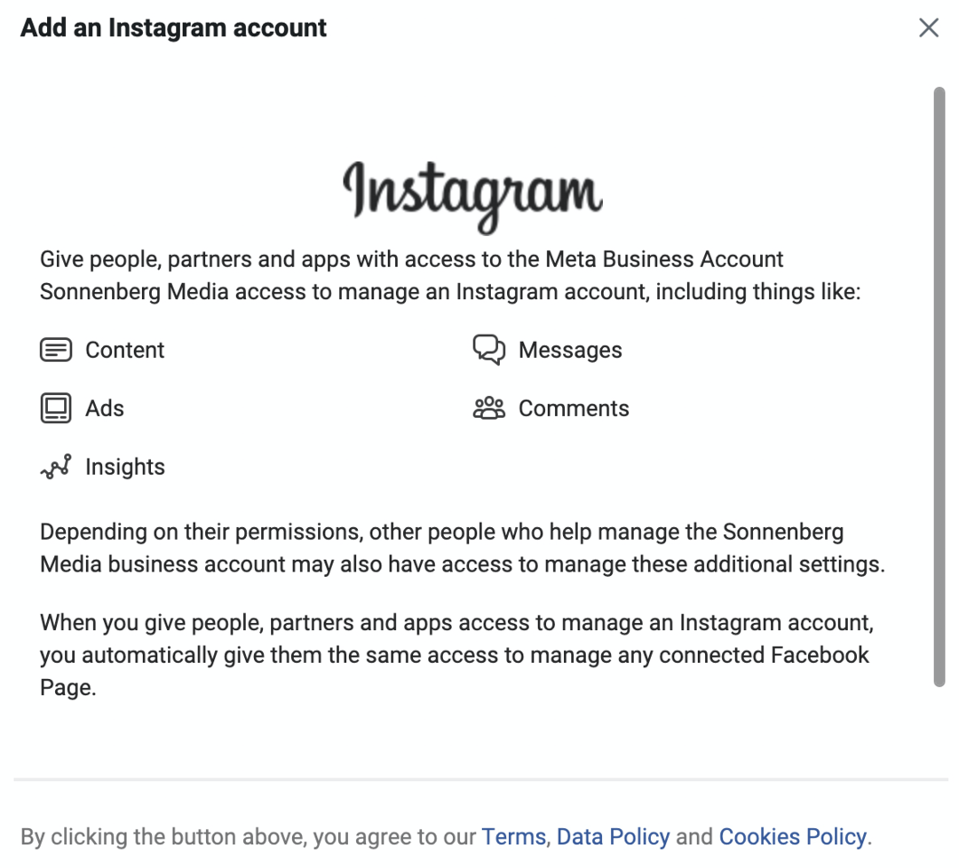 kuva Lisää Instagram-tili -näytöstä Meta Business Managerissa