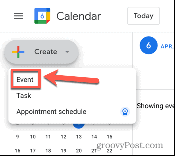 Google-kalenterin tapahtumavaihtoehdon kuvakaappaus