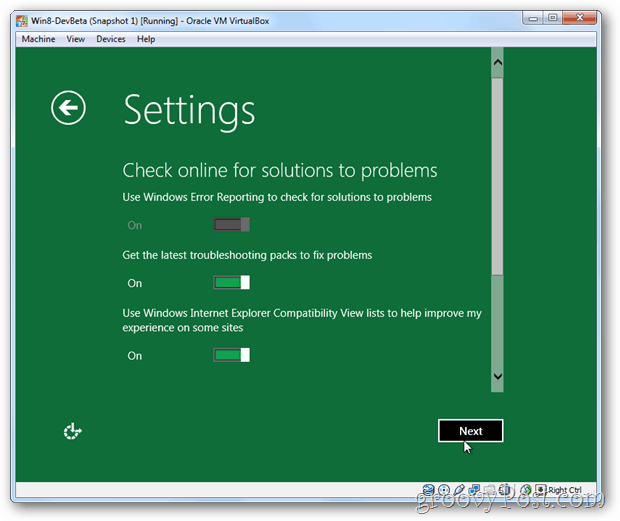 VirtualBox Windows 8: n tietosuoja-asetusten online-ratkaisut