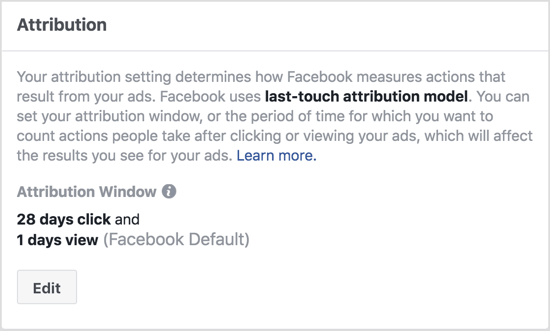 Facebook-attribuutioikkunan oletusasetuksissa näkyvät toimet, jotka on toteutettu yhden päivän kuluessa mainoksesi katselusta ja 28 päivän kuluessa mainoksesi napsauttamisesta. 