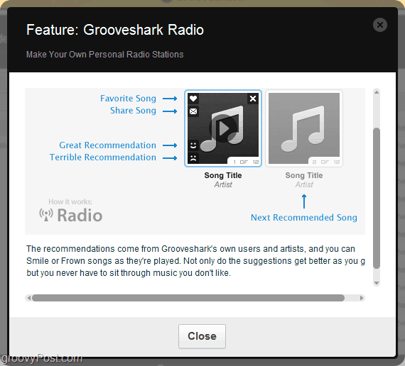 käytä Groovesharkin suositusmoottoria Grooveshark-radion kautta
