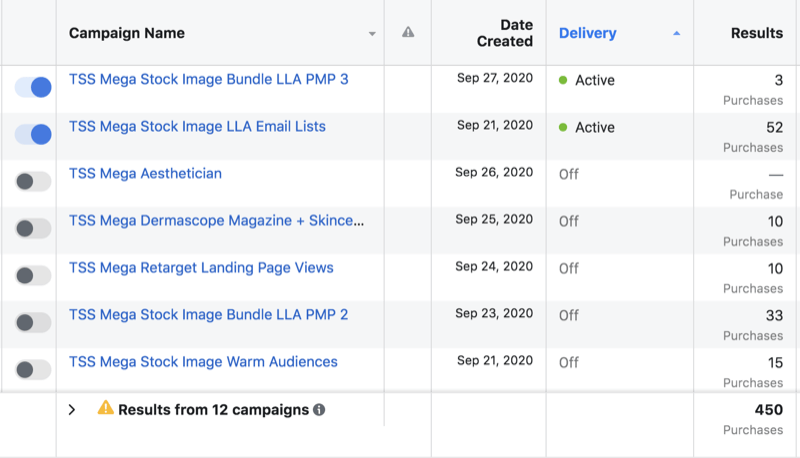 esimerkki facebook-mainostietokampanjoista, joissa on 2 aktiivista sarjaa, mukaan lukien tietyn mainosjoukon versio 3, kun taas 5 ei ole aktiivinen, mukaan lukien ilmoitetun mainosjoukon versio 2