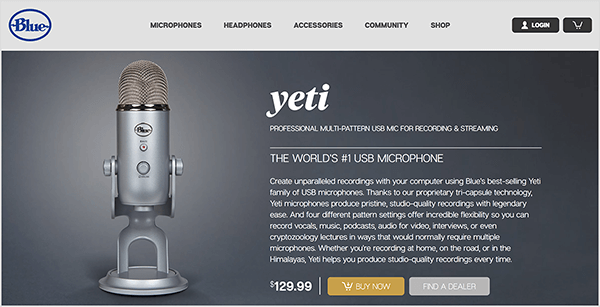 Dusty Porter suosittelee päivittämistä USB-mikrofoniksi, kuten Blue Yeti. Yeti-mikrofonin Blue-myyntisivulla kuva kromimikrofonista jalustalla näkyy tummanharmaata taustaa vasten. Hinta on listattu hintaan 129,00 dollaria.