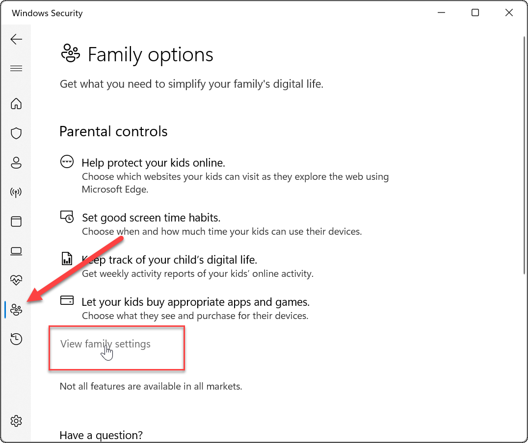 Windows Security Family -asetukset
