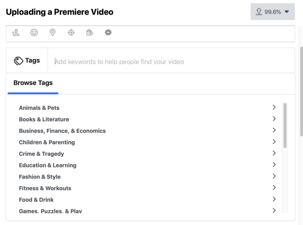 Kuinka perustaa Facebook Premiere, vaihe 4, videotunnisteet