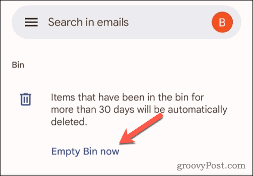 Tyhjennä roskakori -vaihtoehto Gmailissa mobiililaitteella