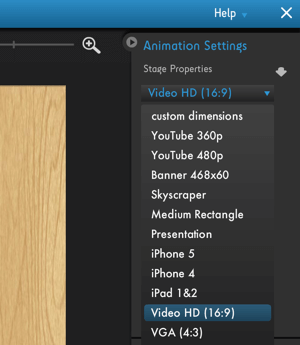 Napsauta Moovly Animation Settings -valikkoa nähdäksesi videoalustan optimointivaihtoehdot.