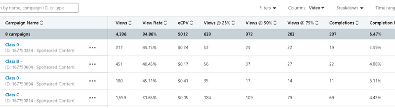 linkedin-kampanjapäällikkö, jolla on esimerkki kampanjatiedoista, mukaan lukien näyttökerrat, katseluprosentti, todellinen näyttökertakohtainen hinta ja katselukerrat @ 25%, 50%, 75%, suoritukset jne.