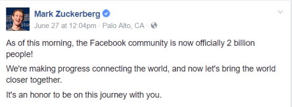 Facebook on ylittänyt merkittävän virstanpylvään, joka on 2 miljardia aktiivista käyttäjää kuukaudessa.
