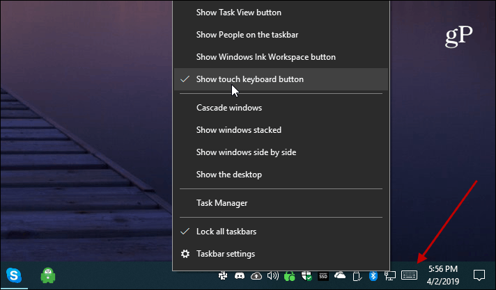 Windows 10 näyttää kosketusnäppäimistön painikkeen