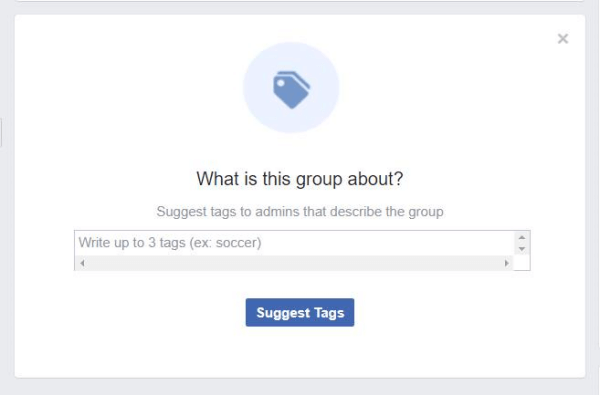 Facebook-ryhmistä löytyvä ponnahdusikkuna pyytää jäseniä ehdottamaan ryhmää kuvaavia tunnisteita.