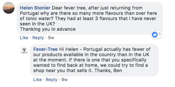 Esimerkki kuume-puusta, joka vastaa asiakkaan kysymykseen Facebook-viestissä.