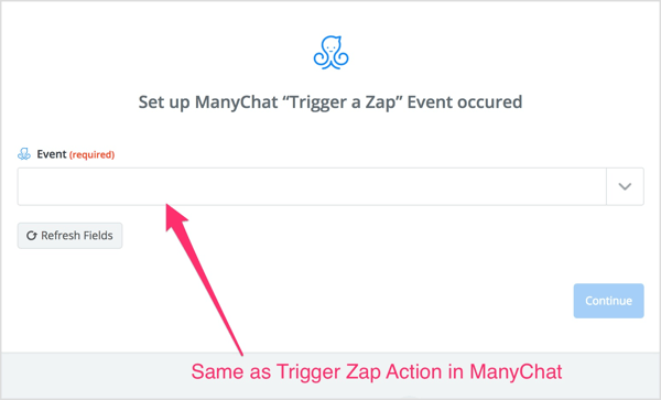 Valitse Trigger Zap -toiminto, jonka olet luonut ManyChat-vuossa.
