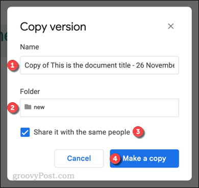 Google Docs -tiedoston version kopioiminen