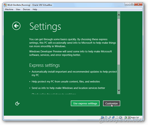 VirtualBox Windows 8 ilmaisee tai mukauttaa asennusta
