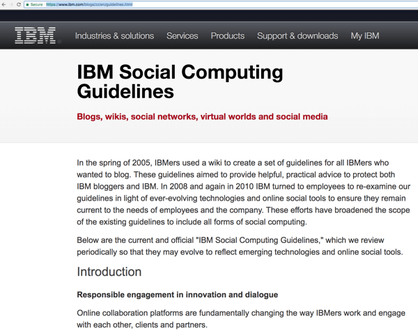 IBM: n sosiaalisen laskennan ohjeet auttavat henkilöstöään olemaan yhteydessä yleisöönsä tietoisuuden lisäämiseksi ja viittausten löytämiseksi. 
