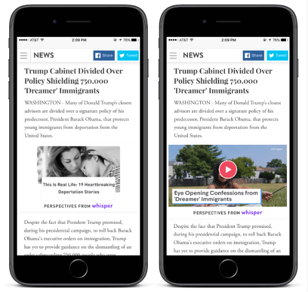 Whisperin uuden Perspectives-widgetin avulla kuka tahansa julkaisija voi lisätä artikkeliin tarjotakseen lukijoilleen asiayhteyteen liittyviä näkökulmia miljoonilta Whisper-käyttäjiltä.