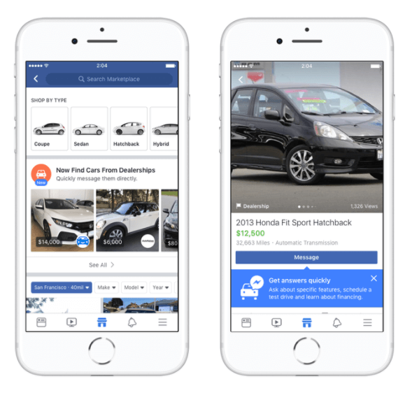 Facebook Marketplace on yhteistyössä autoteollisuuden johtajien Edmundsin, Cars.comin, Auction123: n ja muiden kanssa autojen ostamisen helpottamiseksi Yhdysvalloissa.