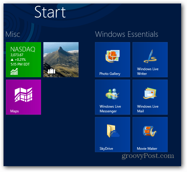 Windows Essentialsin aloitusnäyttö