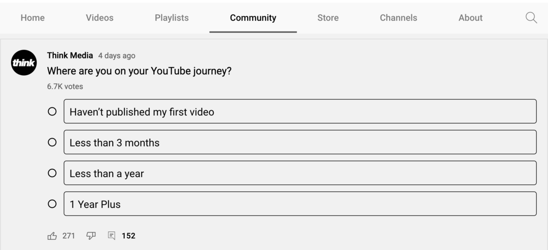kuva kyselystä YouTube-kanavan Yhteisö-välilehdellä