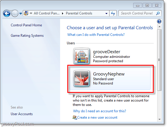 valitse käyttäjä säätääksesi lapsilukko-ominaisuuksia Windows 7: ssä