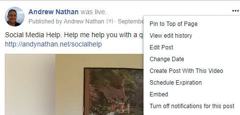 Saat upotuskoodin Facebook Live -videopostiin napsauttamalla kolmen pisteen valikkoa ja valitsemalla Upota.