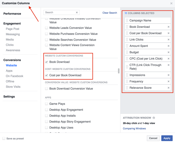 Valitse sarakkeet, jotka haluat lisätä Facebook-mainosten tulostaulukkoon.