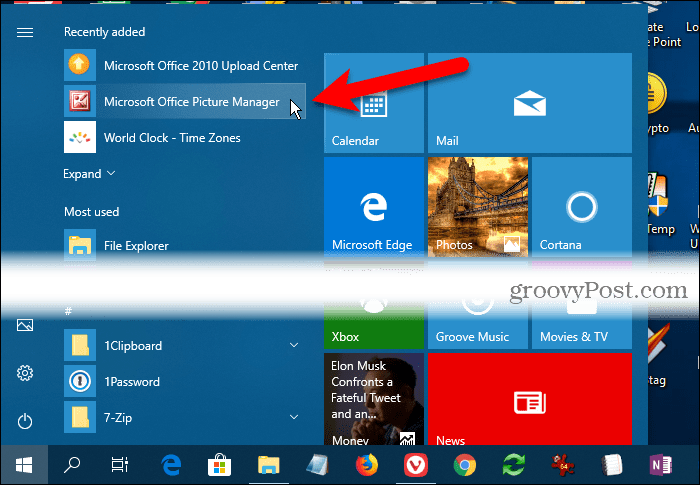 Windows 10: n Käynnistä-valikossa Äskettäin lisätty Microsoft Office Picture Manager