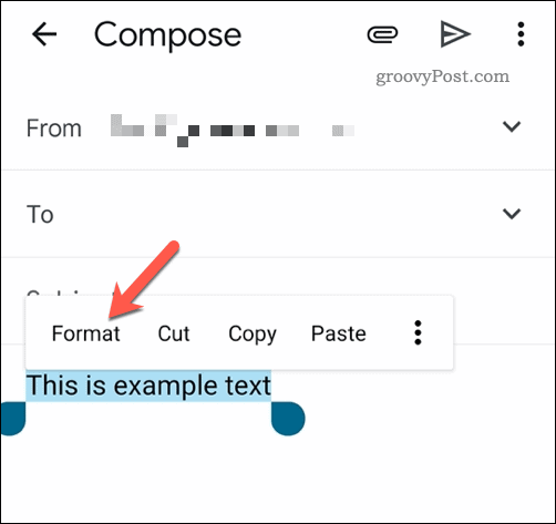 Valitun tekstin muotoilu Gmail-sovelluksessa mobiililaitteella