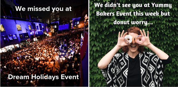 Suoran tapahtuman mainostaminen Facebookissa, vaihe 12, esimerkkejä live-tapahtumien Facebookin uudelleen kohdentavista mainoksista Dream Holidays Event- ja Yummy Bakers Event -tapahtumissa