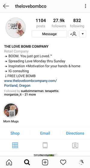 Esimerkki Instagram Business -profiilista, jonka tarjoaa @thelovebombco.
