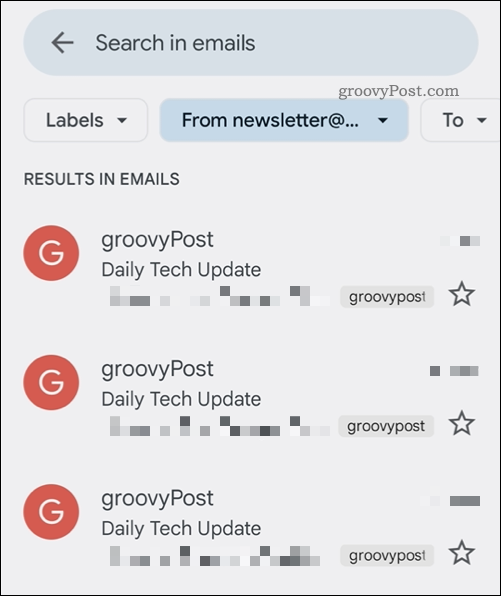 Gmail-sovelluksen hakutulokset