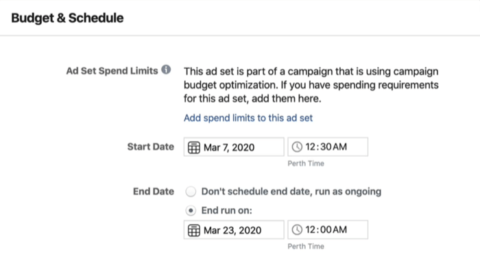 Budjetti ja aikataulu -osio mainosjoukon tasolla Facebook Ads Managerissa