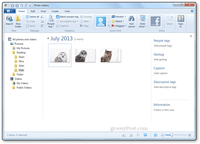 valokuvien koon muuttaminen opetusohjelman Windows Live Photo Gallery käyttöliittymän pääkansio