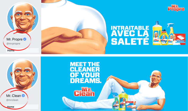 Facebook-sivu ja kansikuva esittävät Mr. Clean -brändin kielierot Ranskan / Belgian ja Yhdysvaltojen markkinoilla