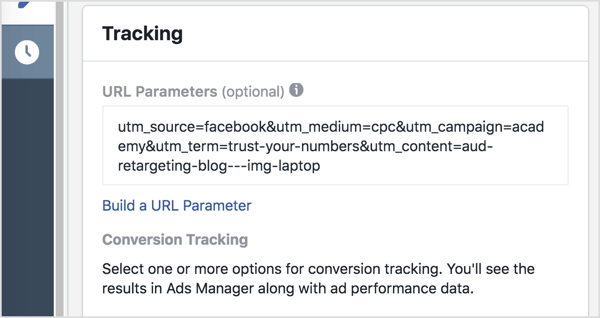 Lisää Ads Managerissa seurantaparametrit (kaikki kysymysmerkin jälkeen) URL-parametrit-ruutuun.