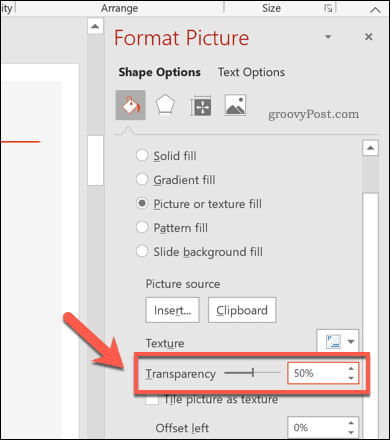 Muokattu läpinäkyvyystaso PowerPoint-muodolle