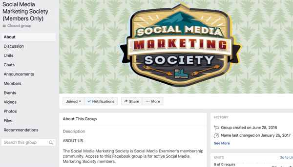 Kuinka käyttää Facebook-ryhmien ominaisuuksia, esimerkki Facebook-ryhmäsivusta Social Media Marketing Societylle