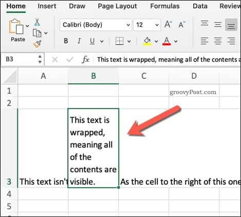 Esimerkki kääretystä tekstistä Excelissä