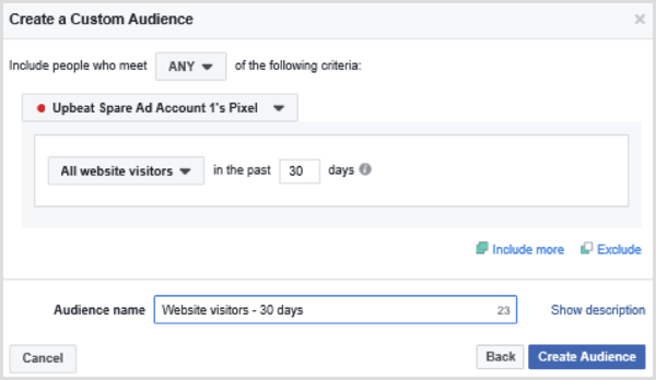 Valitse vaihtoehdot, joiden avulla voit määrittää Facebook-mukautetun yleisön kaikista verkkosivuston kävijöistä viimeisten 30 päivän aikana