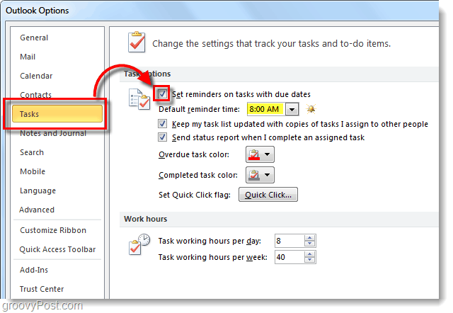Kuinka määrittää oletustehtävämuistutukset Outlook 2010: lle