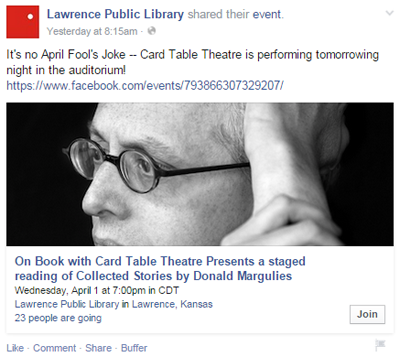 Lawrence Public Library -tapahtuman facebook-viesti