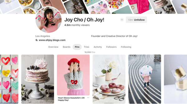 Vinkkejä Pinterestin kattavuuden parantamiseen, esimerkki 6, Joy Cho Pinterest -nastat