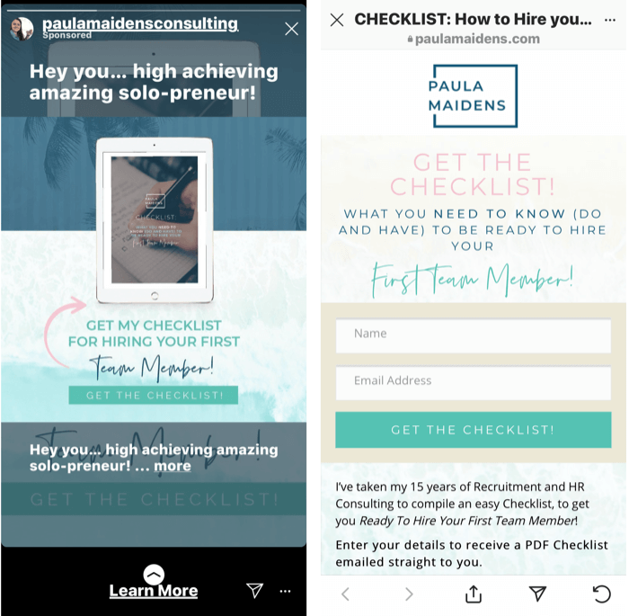 kuvakaappaus Instagram Stories -mainoksesta, joka tarjoaa ilmaisen tarkistuslistan ensimmäisen tiimipäällikön palkkaamiseen