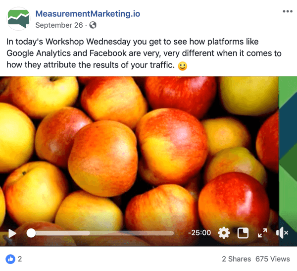Tämä on kuvakaappaus Facebook-viestistä MeasurementMarking.io -sivulta. Viesti näyttää myös videon, joka mainostaa Chris Mercerin Workshop keskiviikkoisin -magneettia. Käyttäjät, jotka katsovat tai napsauttavat videota, saattavat olla saavuttaneet tietoisuustavoitteen.
