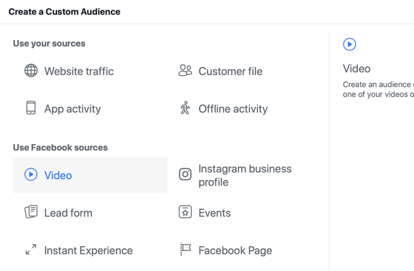 Suoran tapahtuman mainostaminen Facebookissa, vaihe 8, mukautetun yleisön luominen Facebook Ads Manageriin videonäkymien perusteella